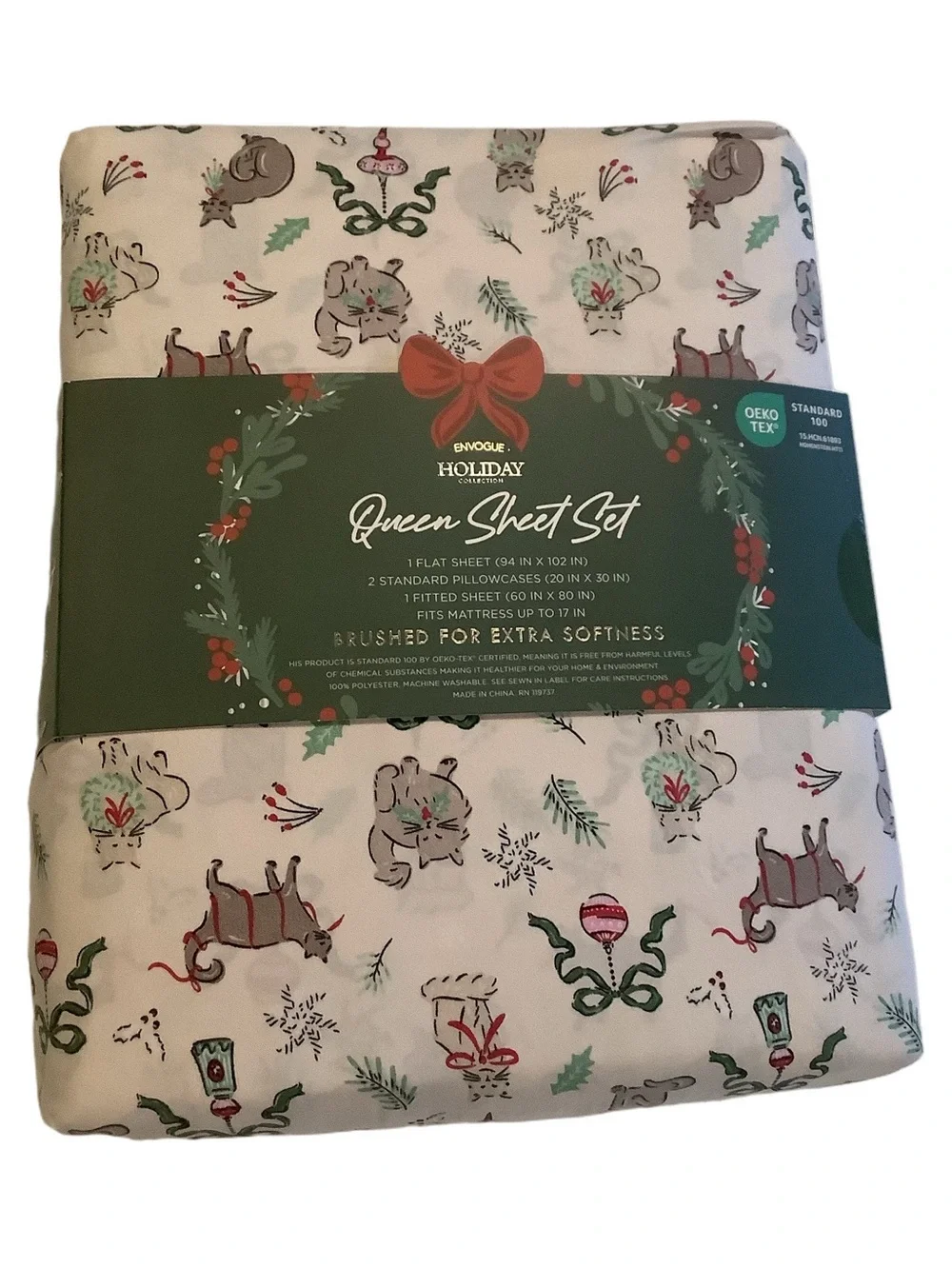 Envogue Christmas Cats & Vintage Bows 4 Pc. Queen Sheet Set New